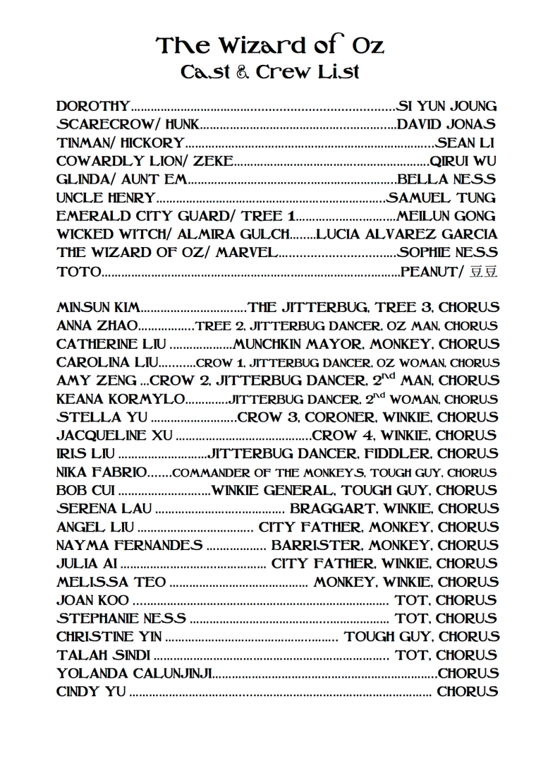 The Wizard of Oz CAST LIST